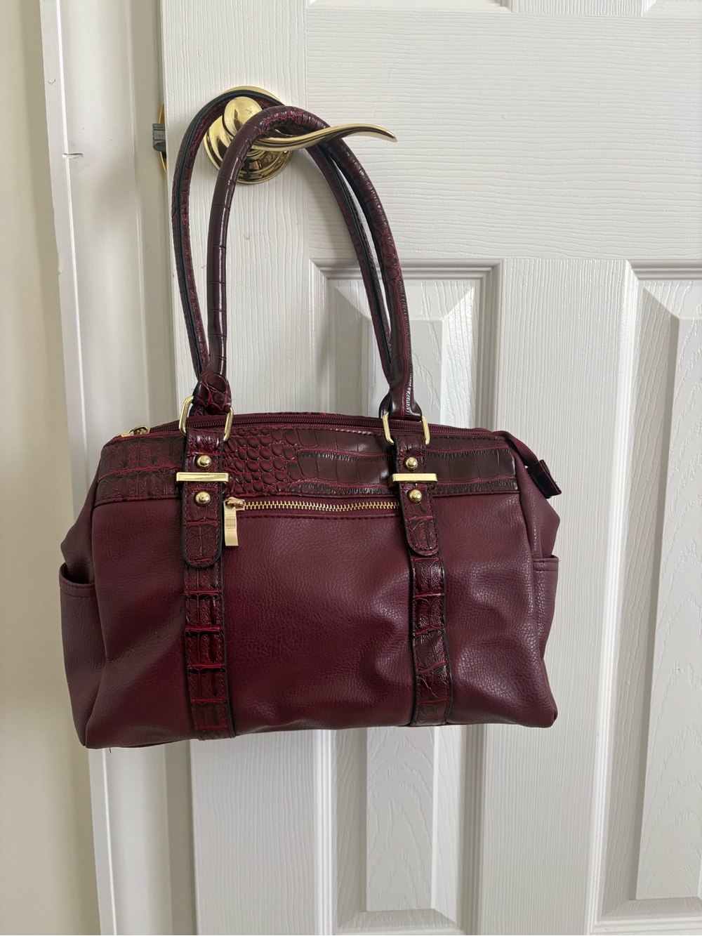 Structured Women's Satchel Bag in Burgundy with Gold Hardware